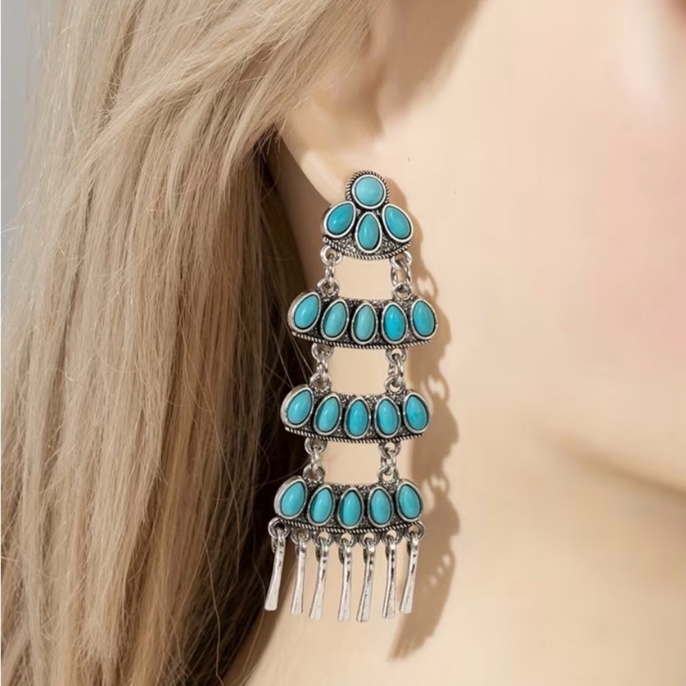 Western Earrings Bohemian Turquoise Silver Dangle Earrings Cowgirl Southwestern - Picture 3 of 4